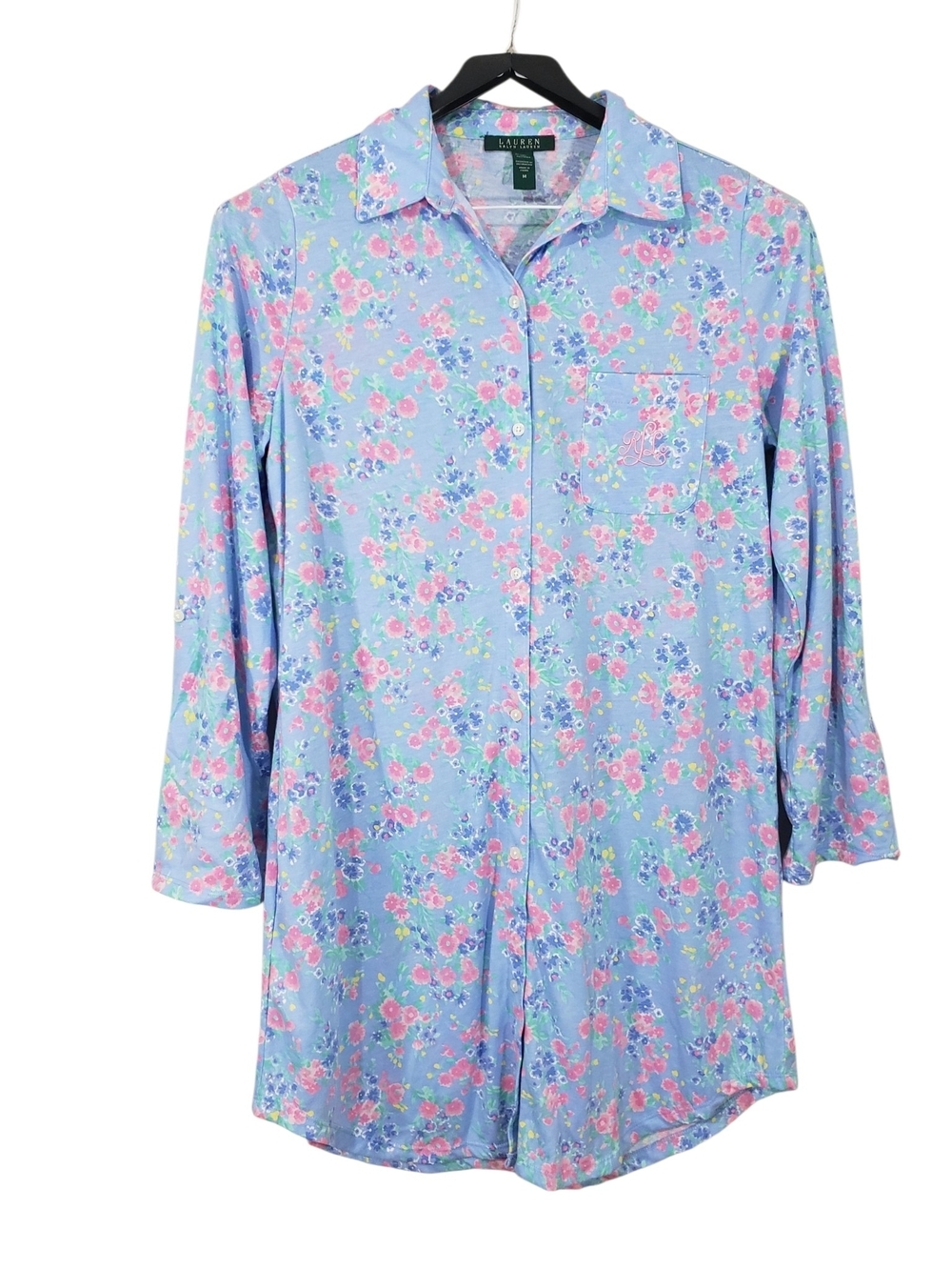 Lauren Ralph Lauren Womens Floral Knit Roll-Tab Sleeve Nightshirt Size Medium